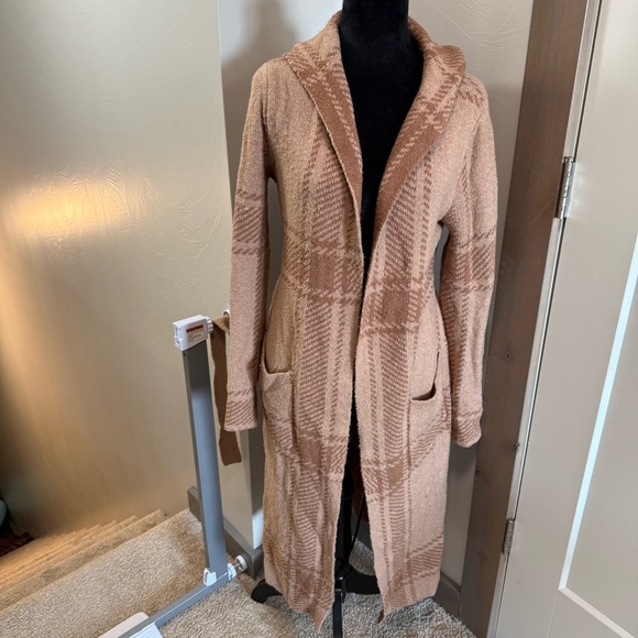Sincerely Jules Longline Tie Front Belted Cardigan Hooded Brown Tan Plaid Knit M - Picture 1 of 6